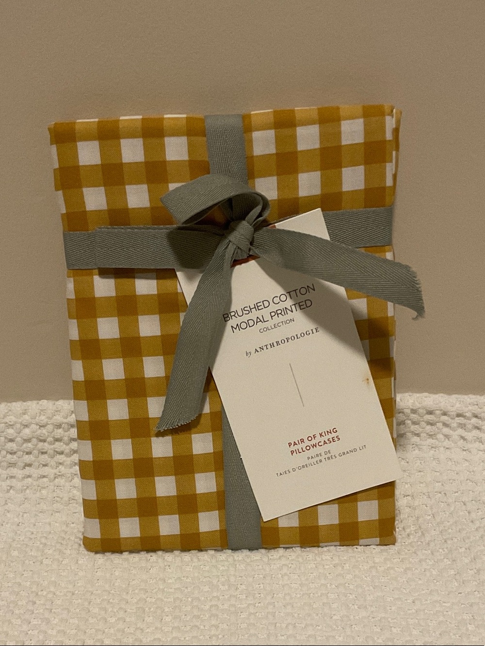Anthropologie Mustard and White Gingham Brushed set of 2 Cotton King Pillowcases